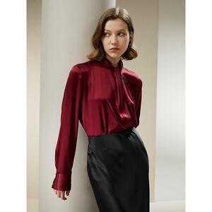 Lilysilk Top Womens Puff Sleeves Mock Neck Stretch Maroon XL
